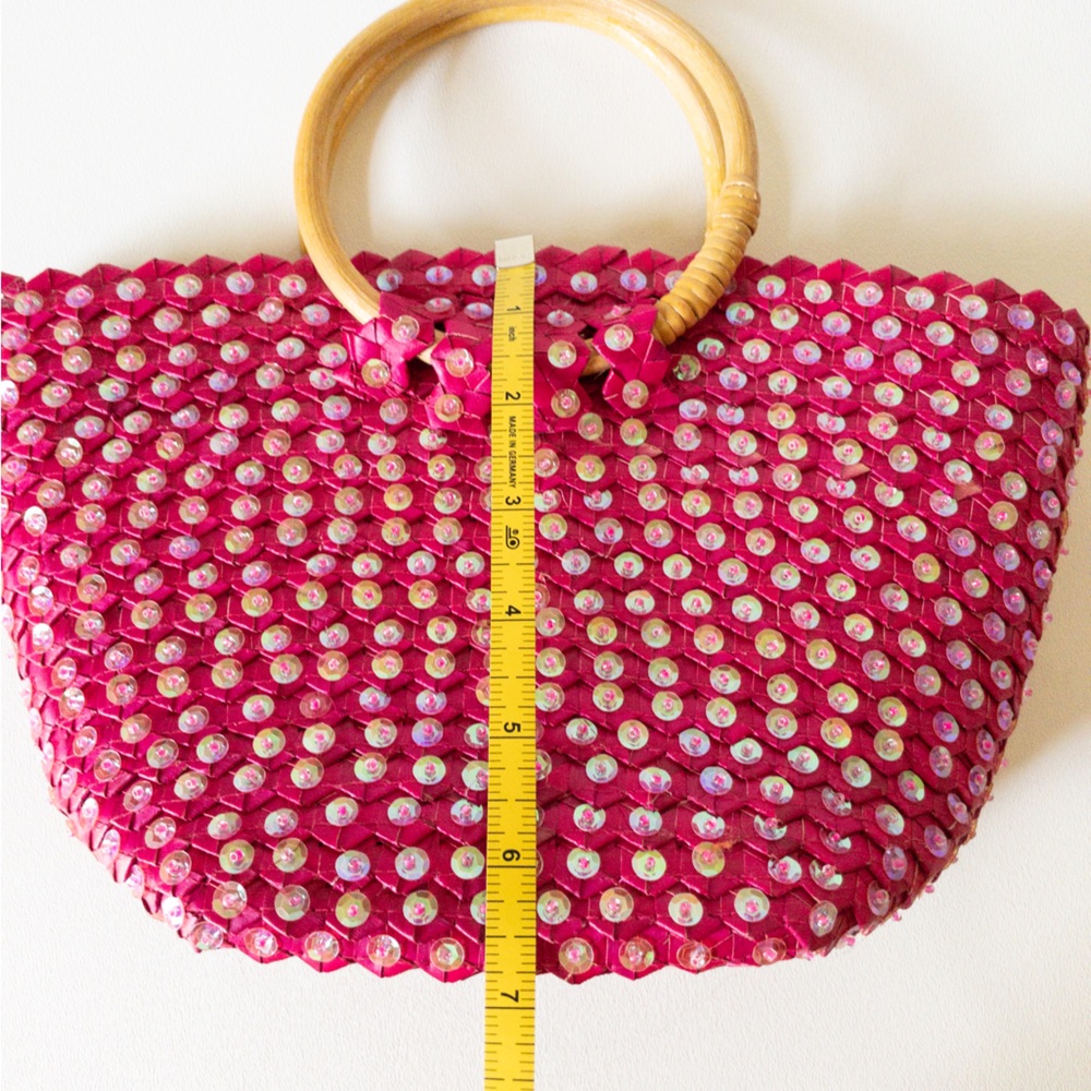 Small Pink Sequin Bag W Wooden Handle - Picture 3 of 5